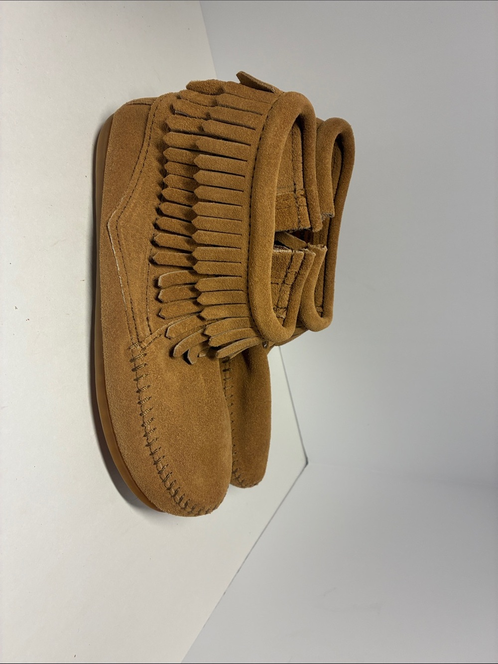 Minnetonka Youth Double Fringe Suede Moccasin Boot - Brown Size 3 2297T